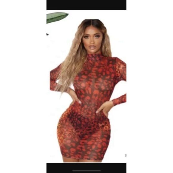 Pretty Little Thing Red Leopard Dress Sheer Long Sleeve Size 6 Halloween.   Ii - Picture 1 of 7